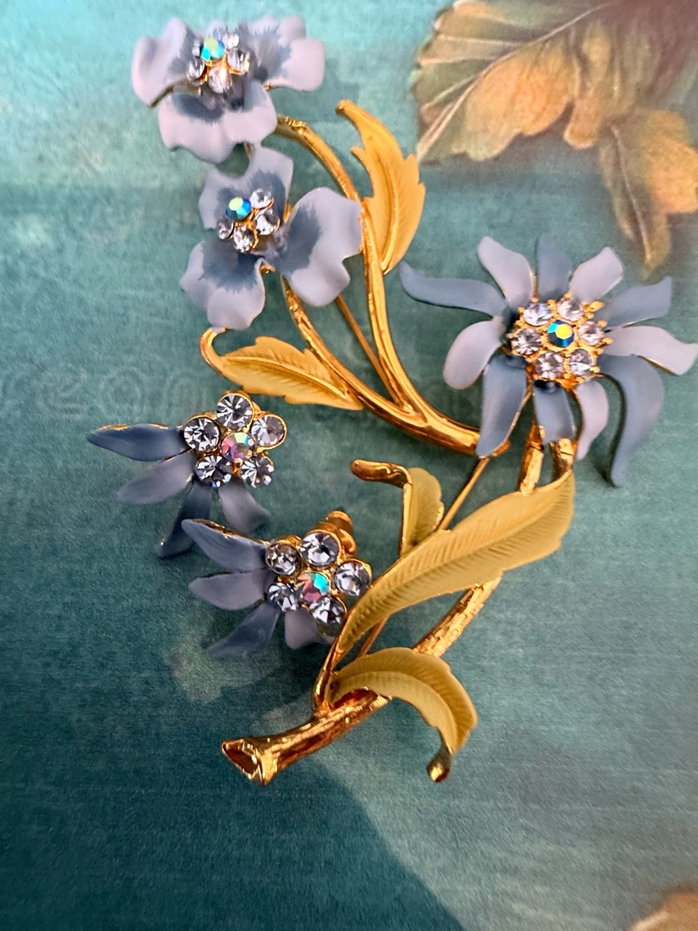 Gold-Tone Blue Floral Crystal Brooch 2 brooches & Clip-On Earrings